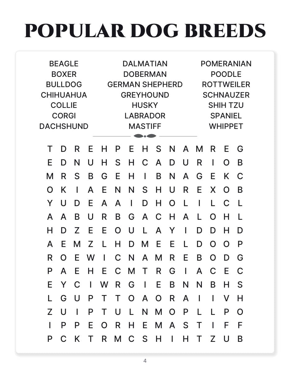 A page from the free sampler: a large print word search puzzle with its word list above the grid