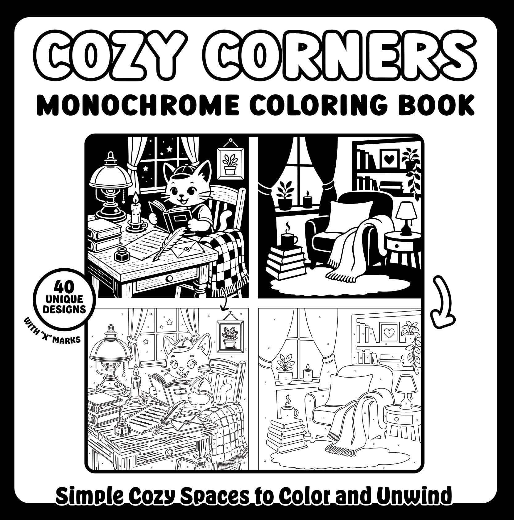 Cozy Corners Monochrome Coloring Book