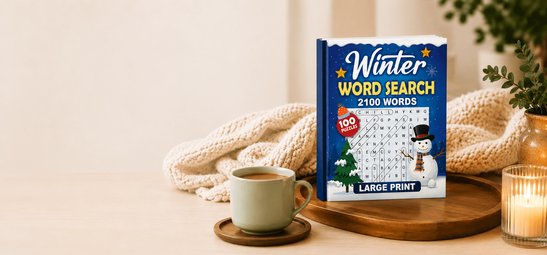 Winter Word Search book in a cozy setting with coffee and candle