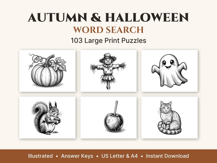 Pages from the Autumn & Halloween Word Search book
