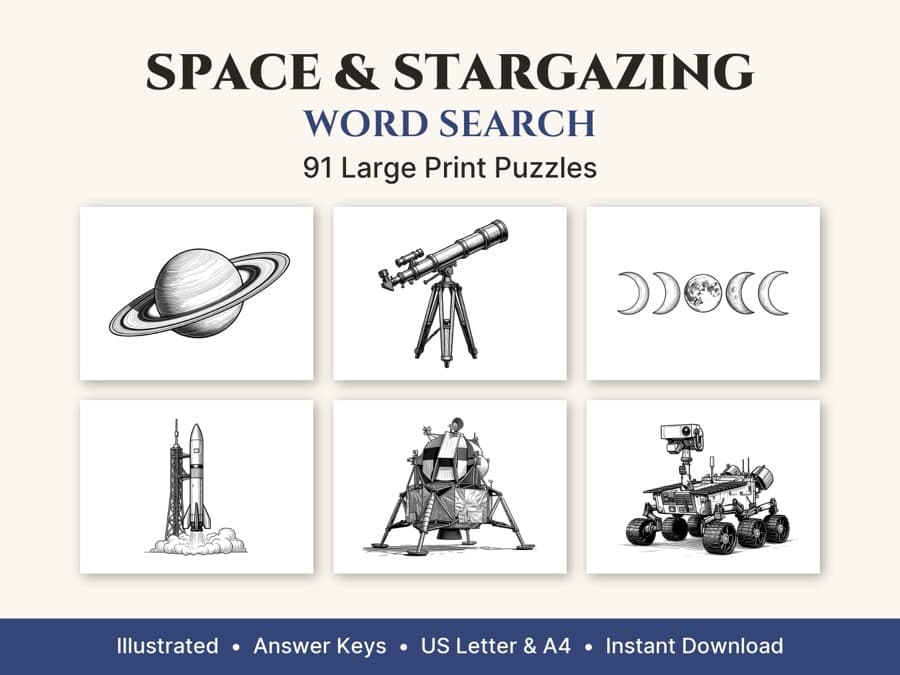 Pages from the Space & Stargazing Word Search book