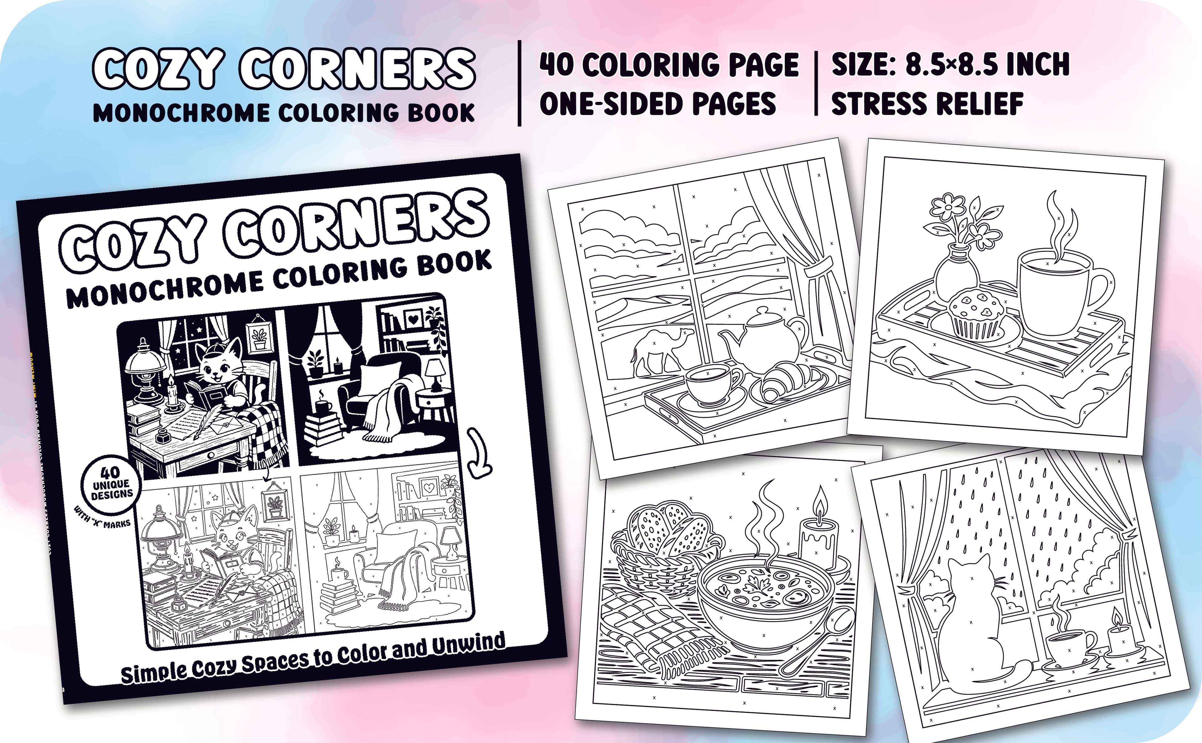 Cozy Corners Monochrome Coloring Book - Preview 1