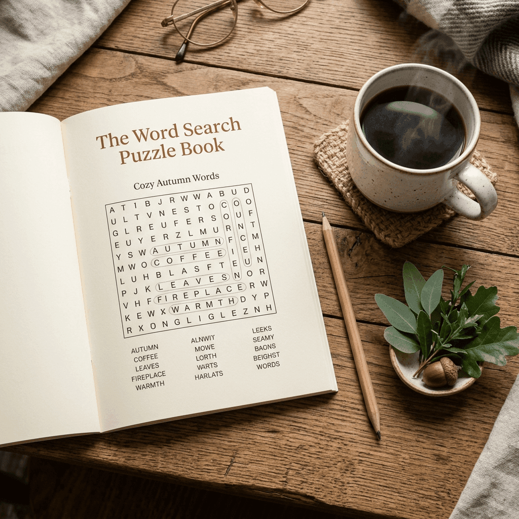 Cozy open word search puzzle book mockup